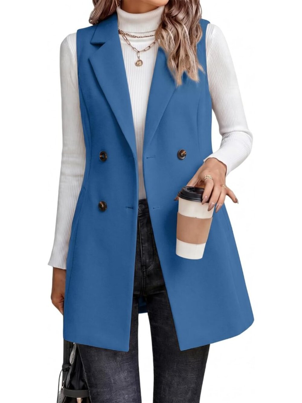 Women's Misty Blue Suitable Outerwear Sleeveless Cardigan Tweed Blazer Jackets